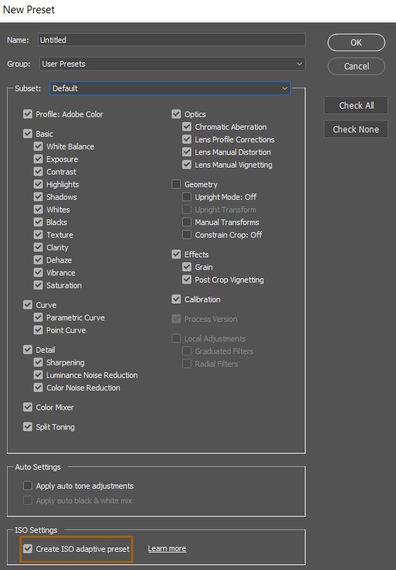 ISO-adaptive forhåndsinnstillinger i Adobe Camera Raw