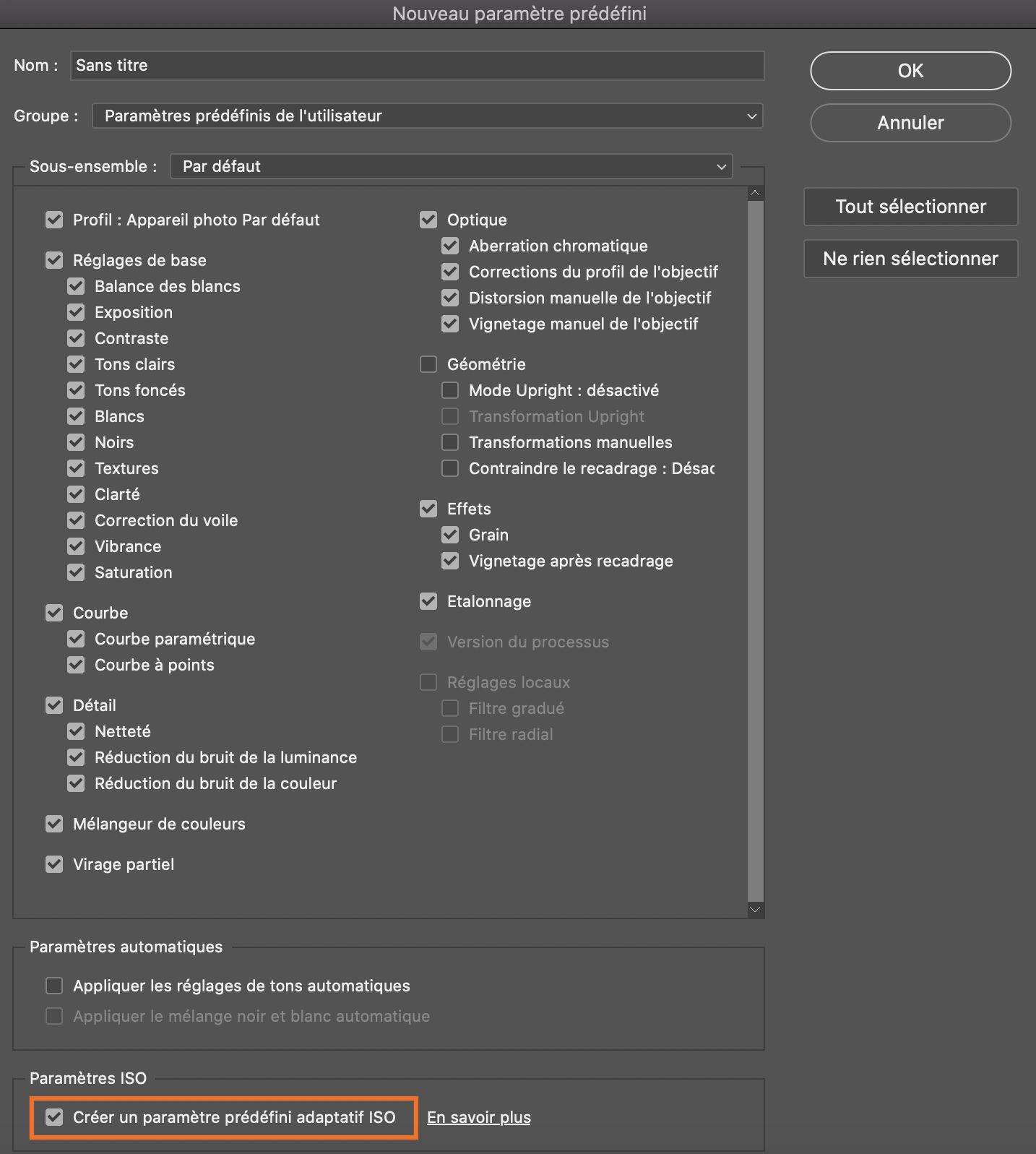 Paramètres prédéfinis adaptatifs ISO dans Adobe Camera Raw