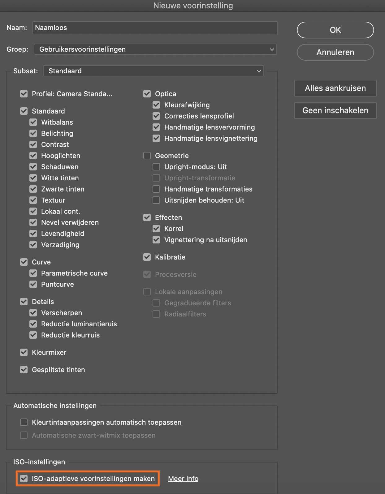 ISO-adaptieve voorinstellingen in Adobe Camera Raw