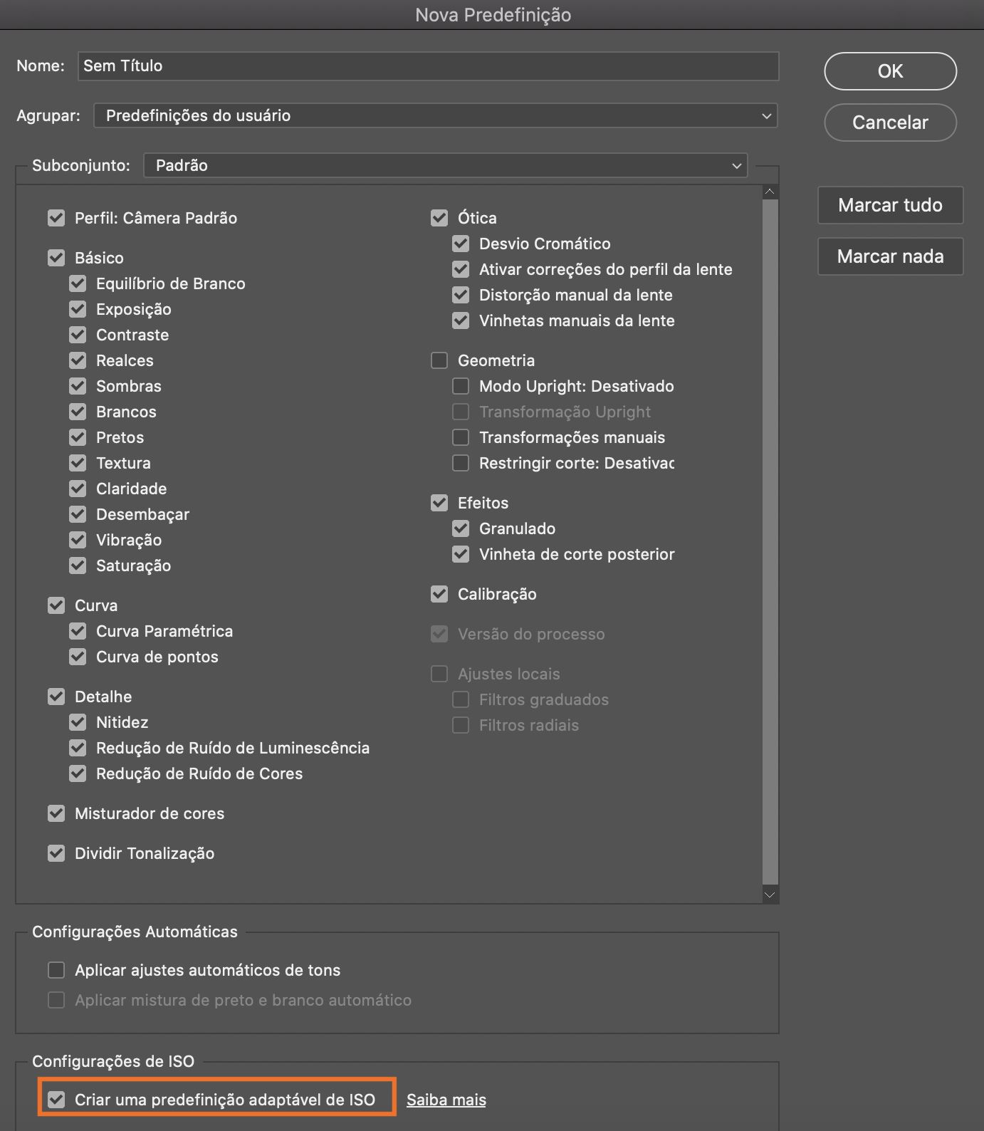 Predefinições adaptável de ISO no Adobe Camera Raw