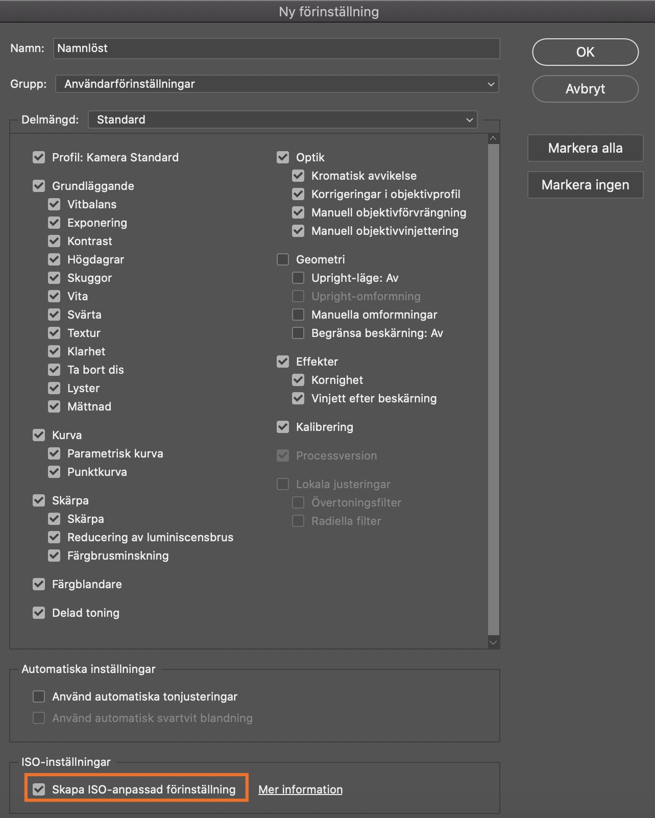 Skapa en ISO-anpassad förinställning i Adobe Camera Raw