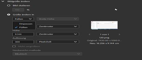 Wähle in Adobe Bridge die Option „Größe ändern zum Füllen“ aus.