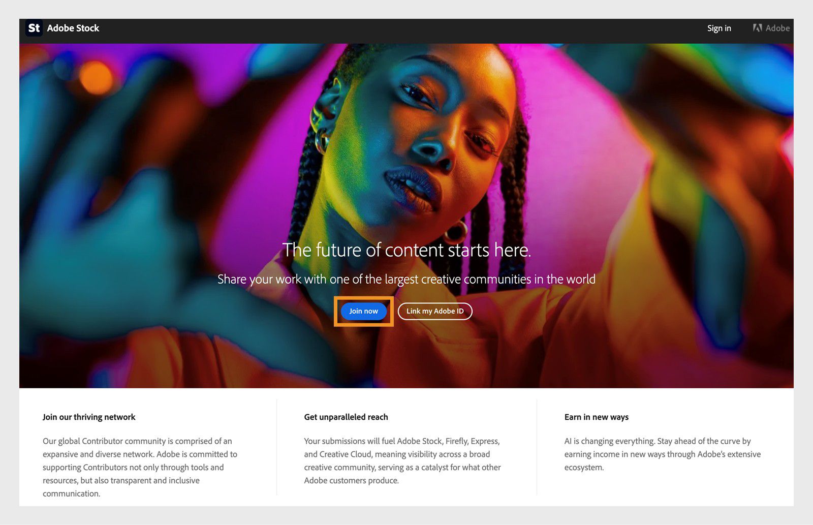 Die Schaltfläche „Jetzt beitreten“ auf der Adobe Stock-Startseite ermöglicht es dir, ein Adobe-Konto zu erstellen und dich als Stock Contributor anzumelden.