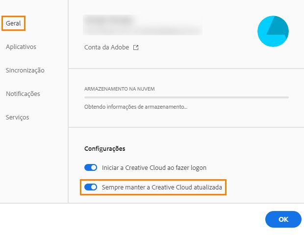 Manter o aplicativo Creative Cloud atualizado