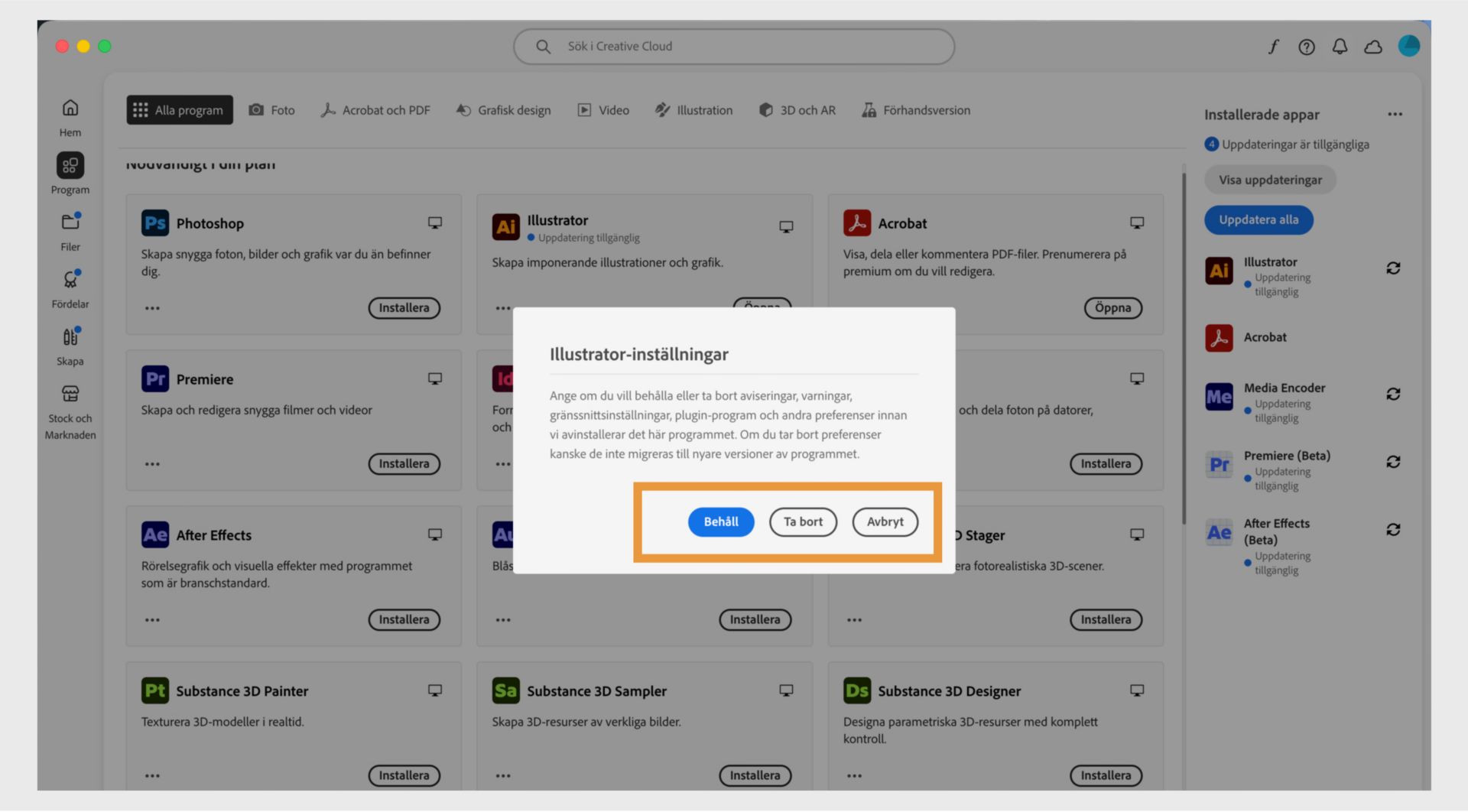 Du får en fråga om du vill behålla eller ta bort aviseringar, varningar, plugin-program och andra inställningar. Du kan även avbryta avinstallationen. En skärmdump av en dator