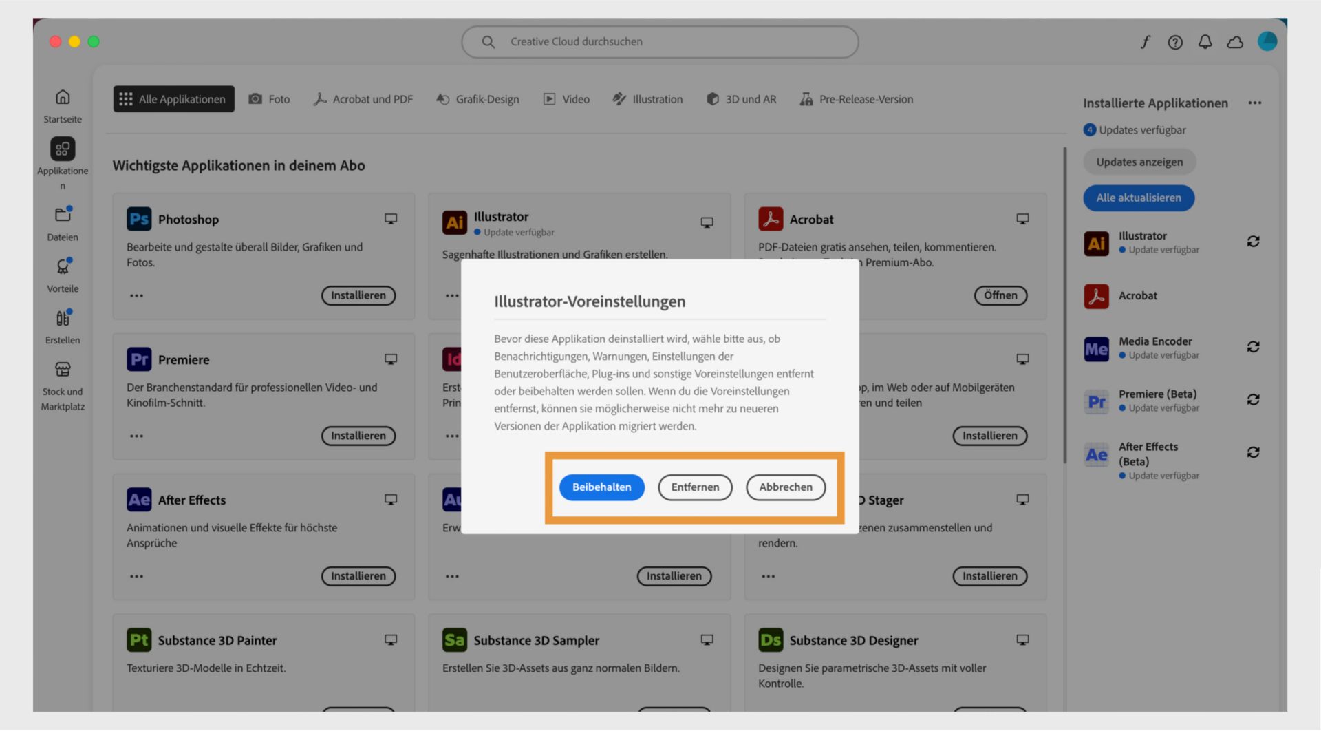 Im Fenster „Voreinstellungen“ wird die Frage angezeigt, ob du Benachrichtigungen, Warnungen, Plug-ins und andere Voreinstellungen beibehalten oder entfernen möchtest. Du kannst den Deinstallationsvorgang auch abbrechen. Ein Screenshot eines Computers