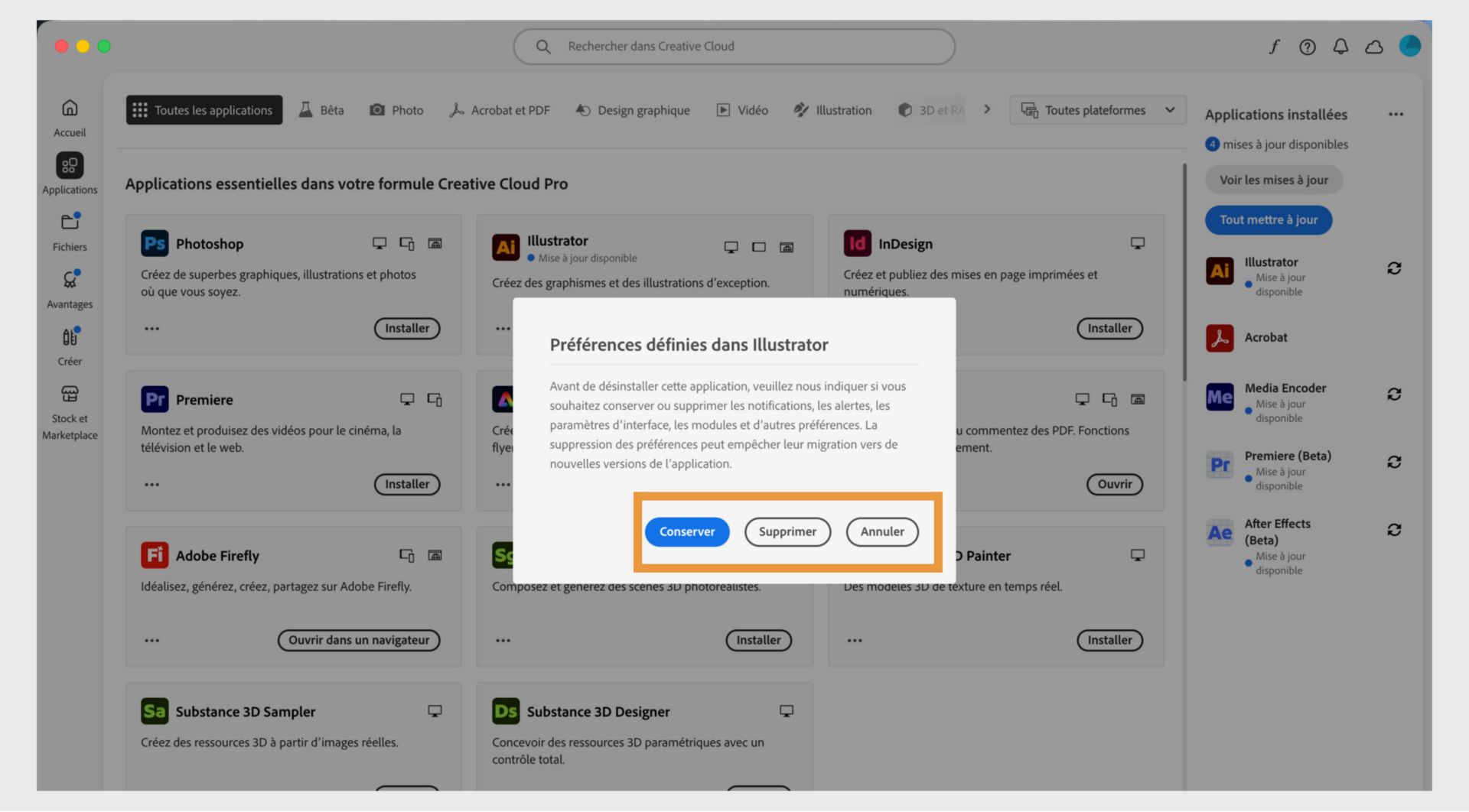 La fenêtre des préférences demande si vous souhaitez conserver ou supprimer les notifications, alertes, plugins et autres préférences. Vous pouvez également annuler le processus de désinstallation. Une copie d'écran d'un ordinateur