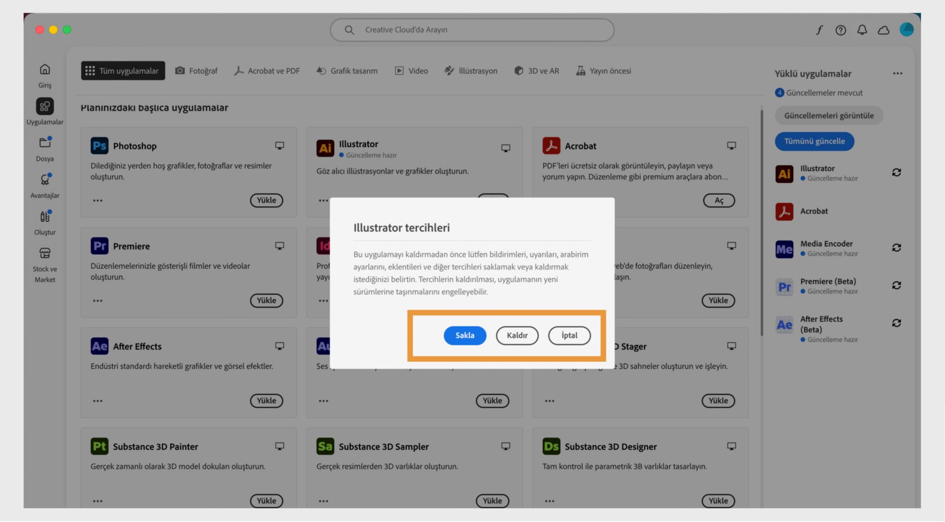 Tercihler penceresinde bildirimleri, uyarıları, eklentileri ve diğer tercihleri saklamak mı yoksa kaldırmak mı istediğiniz sorulur. Kaldırma işlemini de iptal edebilirsiniz. Bir bilgisayarın ekran görüntüsü