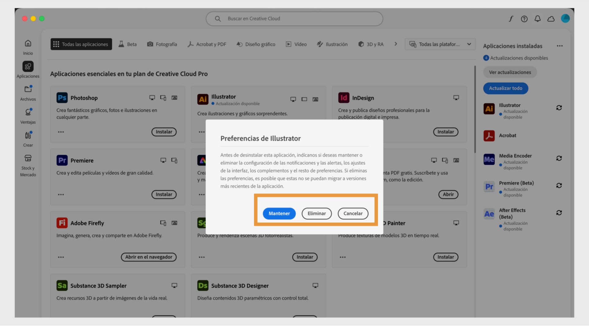 La ventana de preferencias le pregunta si quiere conservar o quitar notificaciones, alertas, complementos y otras preferencias. También puede cancelar el proceso de desinstalación. Una captura de pantalla de un ordenador