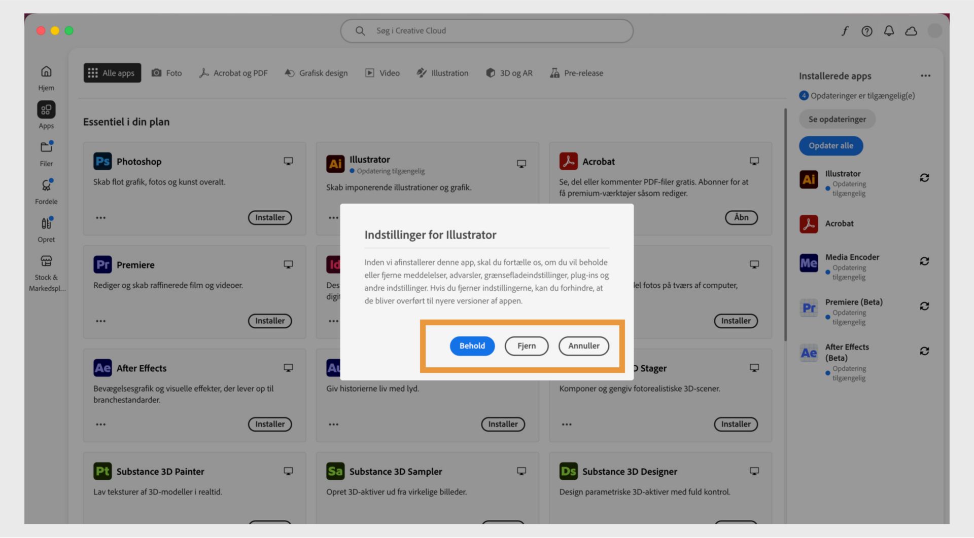 I vinduet Indstillinger bliver du spurgt, om du vil beholde eller fjerne meddelelser, advarsler, plug-ins og andre præferencer. Du kan også annullere afinstallationen. Et skærmbillede af en computer