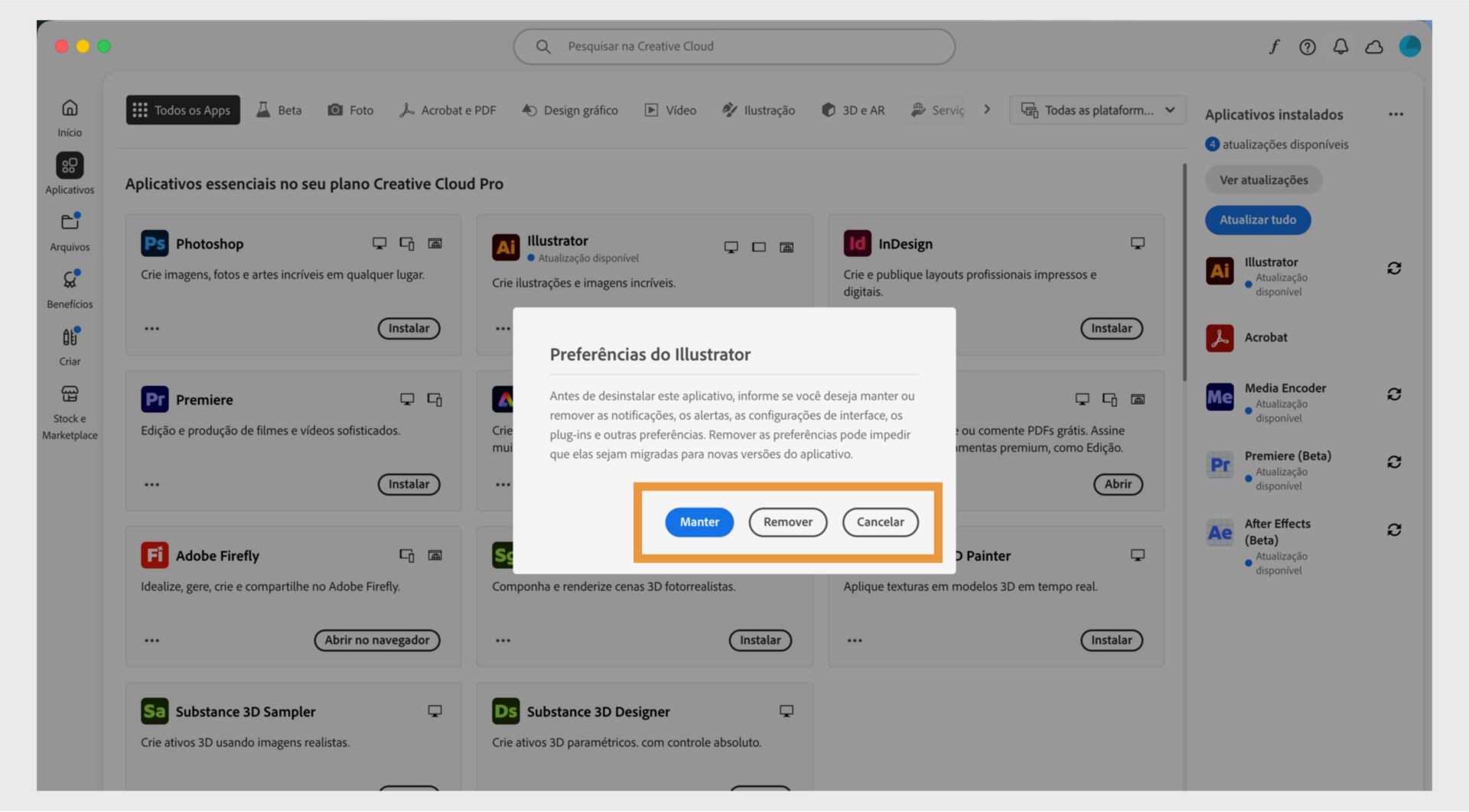 A caixa de diálogo de preferências pergunta se você deseja manter ou remover notificações, alertas, plug-ins e outras preferências. Você também pode cancelar o processo de desinstalação. 