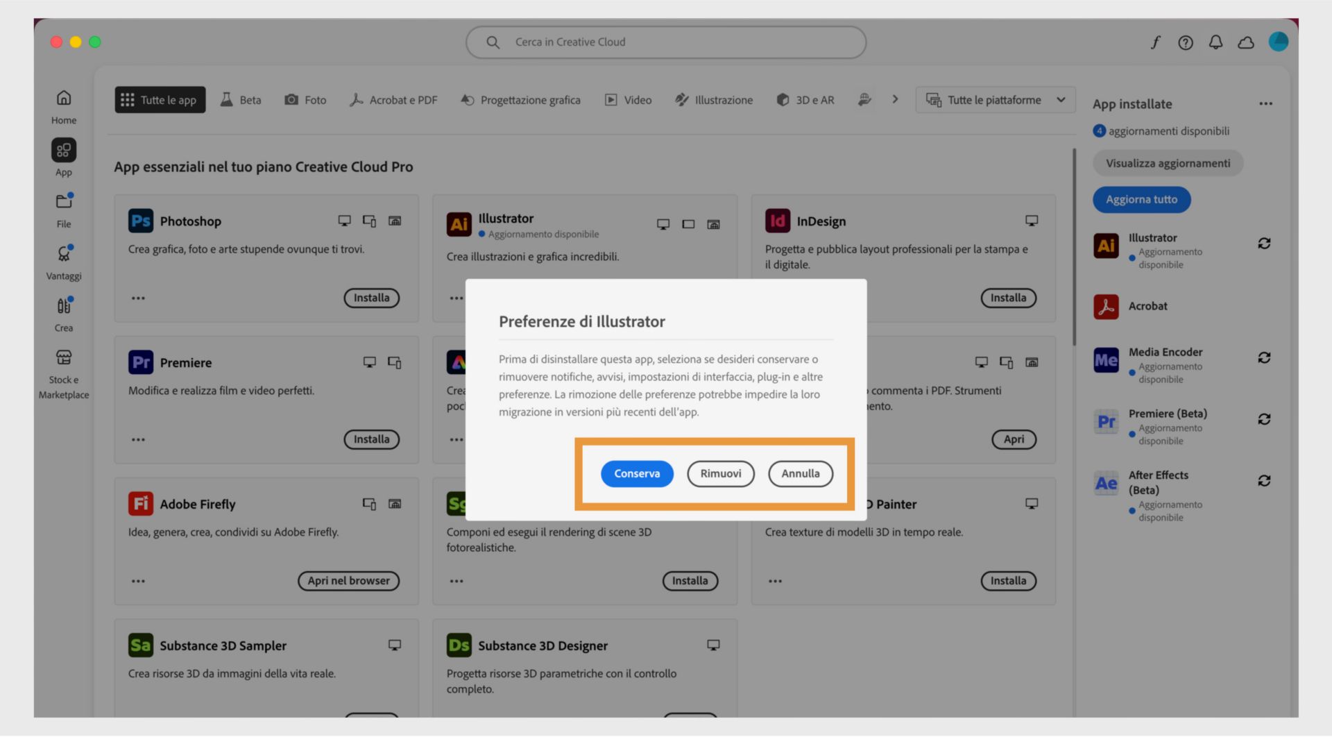 Nella finestra delle preferenze viene chiesto se si desidera mantenere o rimuovere notifiche, avvisi, plug-in e altre preferenze. Puoi anche annullare il processo di disinstallazione. La schermata di un computer