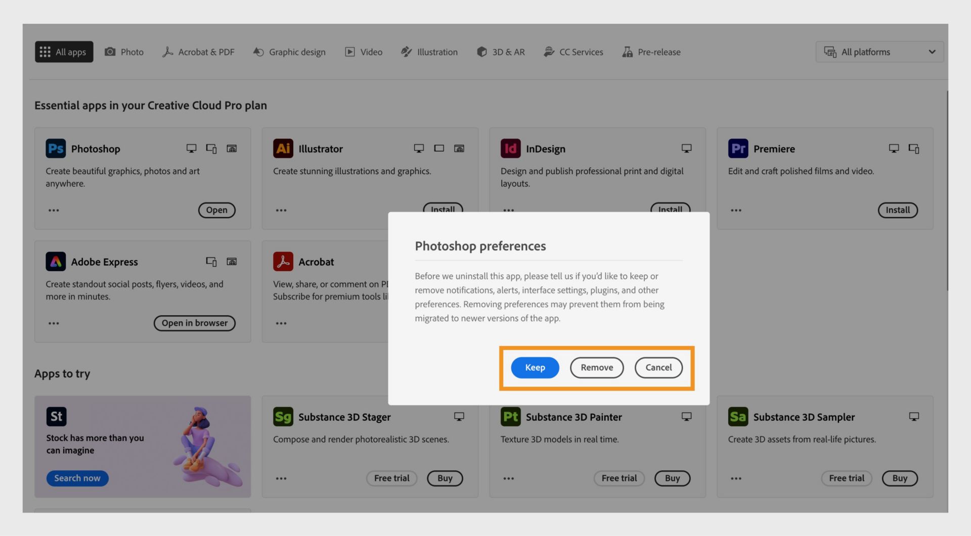 The preferences dialog box asking if you want to keep or remove notifications, alerts, plugins, and other preferences. You can also cancel the uninstallation process. 