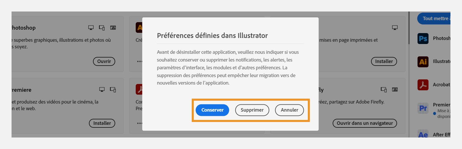 La fenêtre des préférences demande si vous souhaitez conserver ou supprimer les notifications, alertes, plugins et autres préférences. Vous pouvez également annuler le processus de désinstallation. Une copie d'écran d'un ordinateur