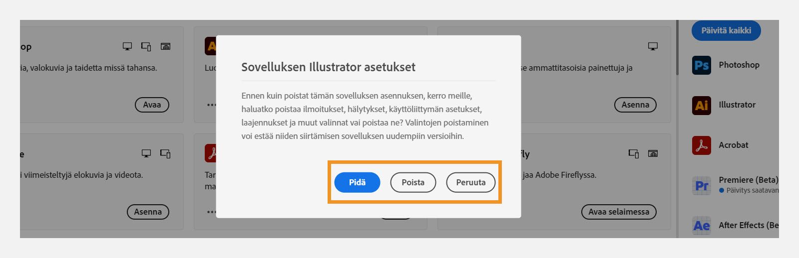 Asetusikkuna, jossa kysytään, haluatko pitää vai poistaa ilmoitukset, hälytykset, laajennukset ja muut asetukset. Voit myös peruuttaa asennuksen poistoprosessin. 