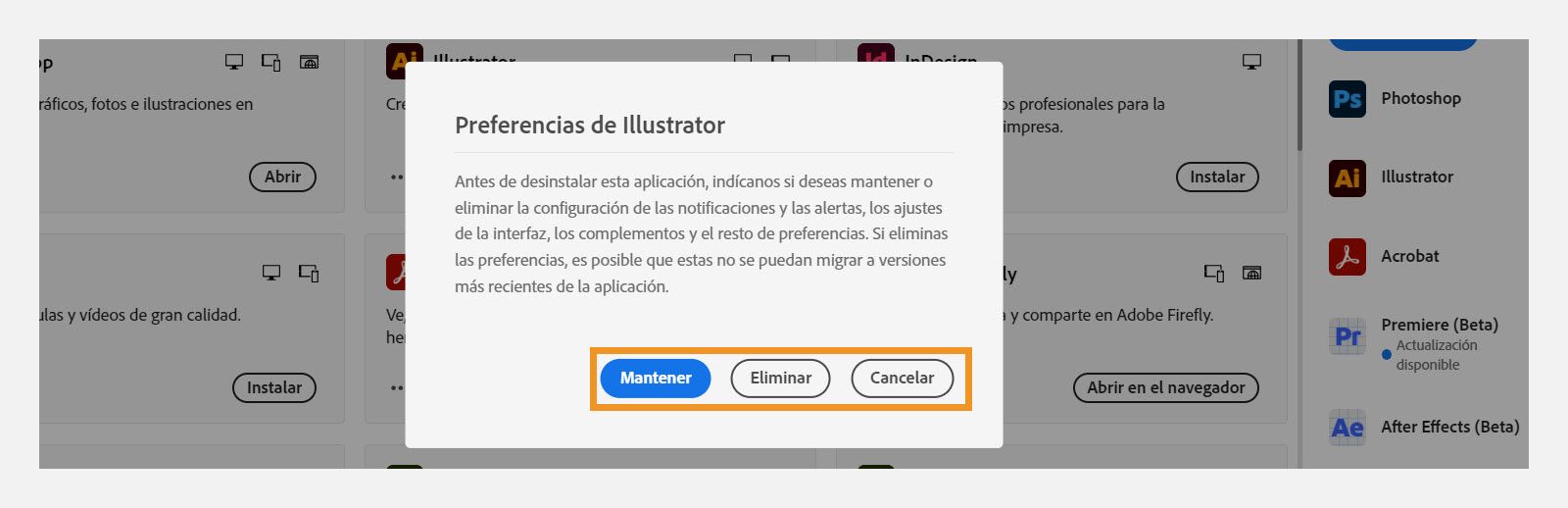 El cuadro de diálogo de preferencias que le pregunta si quiere conservar o eliminar notificaciones, alertas, complementos y otras preferencias. También puede cancelar el proceso de desinstalación. 