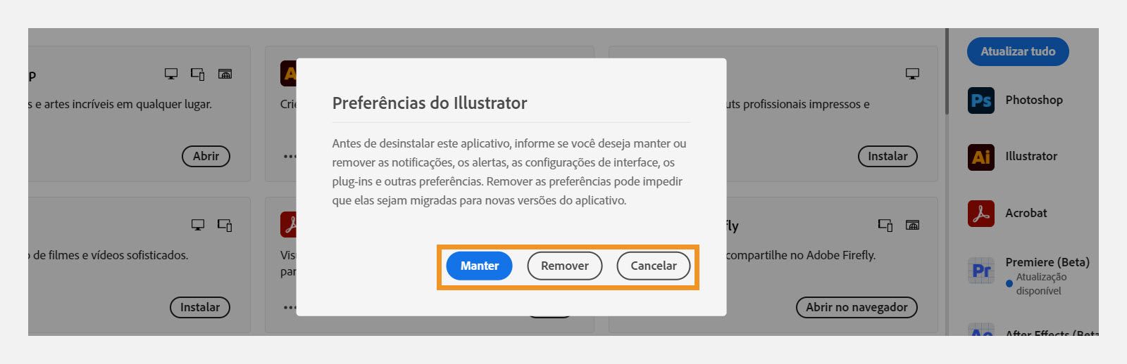 A janela de preferências pergunta se você deseja manter ou remover notificações, alertas, plug-ins e outras preferências. Você também pode cancelar o processo de desinstalação. Uma captura de tela de um computador