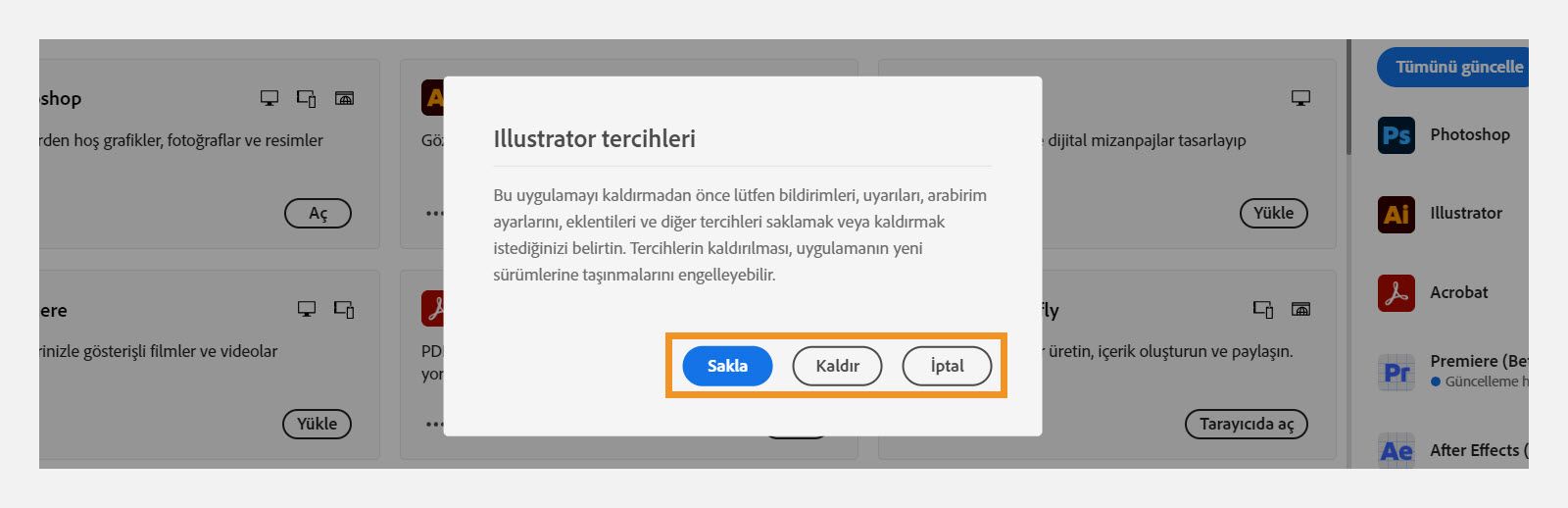 Tercihler penceresinde bildirimleri, uyarıları, eklentileri ve diğer tercihleri saklamak mı yoksa kaldırmak mı istediğiniz sorulur. Kaldırma işlemini de iptal edebilirsiniz. Bir bilgisayarın ekran görüntüsü