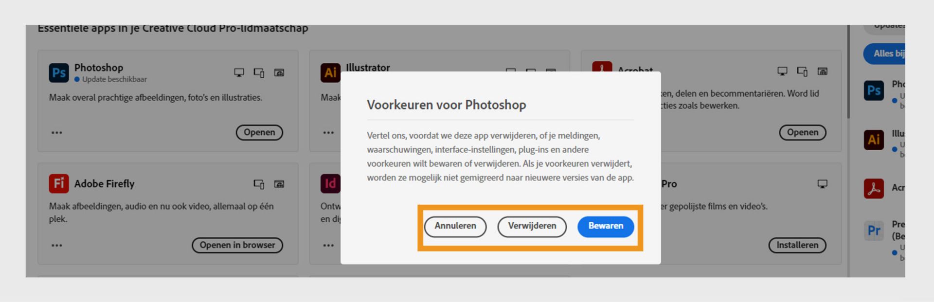 Het voorkeurenvenster waarin wordt gevraagd of u meldingen, waarschuwingen, plug-ins en andere voorkeuren wilt bewaren of verwijderen. Je kunt de verwijdering ook annuleren. 