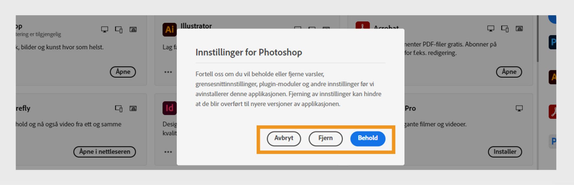 I vinduet &quot;Innstillinger&quot; blir du spurt om du ønsker å beholde eller fjerne meldinger, varsler, plugin-moduler og andre innstillinger. Du kan også avbryte avinstalleringen. Et skjermbilde av en datamaskin