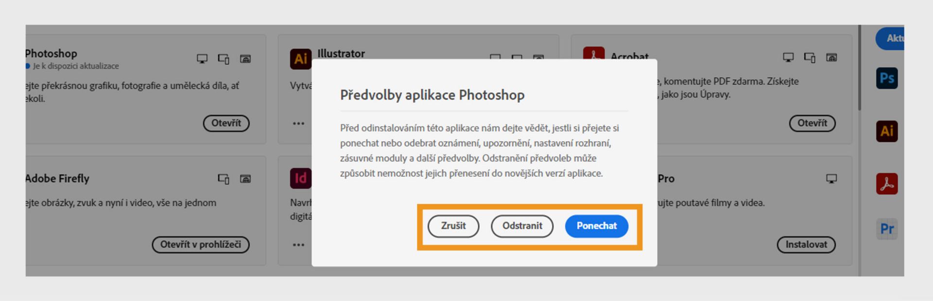 Okno předvoleb zobrazí dotaz, zda chcete zachovat nebo odebrat oznámení, upozornění, zásuvné moduly a další předvolby. Proces odinstalace můžete také zrušit. Snímek obrazovky počítače