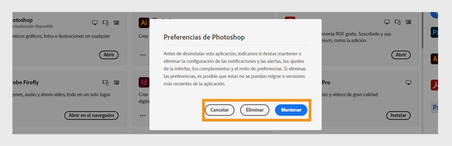 La ventana de preferencias le pregunta si quiere conservar o quitar notificaciones, alertas, complementos y otras preferencias. También puede cancelar el proceso de desinstalación. Una captura de pantalla de un ordenador