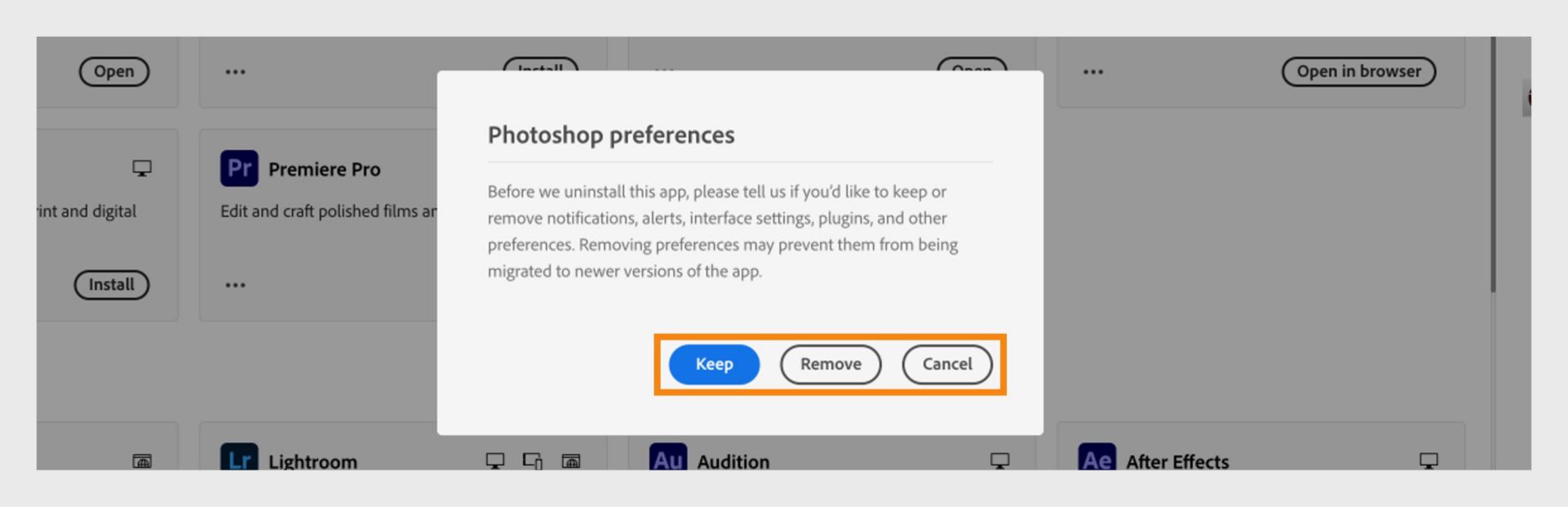 The preferences dialog box asking if you want to keep or remove notifications, alerts, plugins, and other preferences. You can also cancel the uninstallation process. 