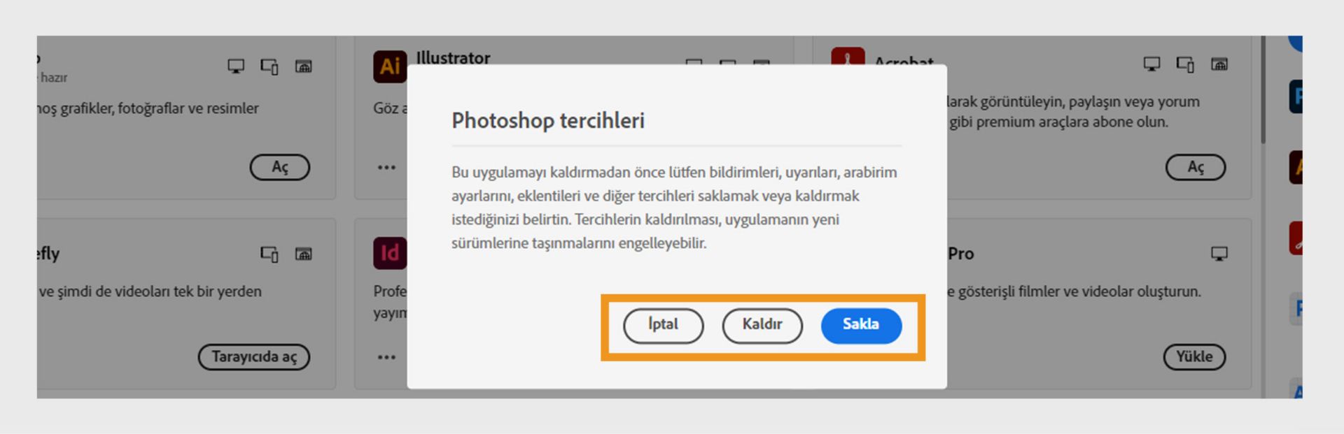 Bildirimleri, uyarıları, eklentileri ve diğer tercihleri saklamak mı yoksa kaldırmak mı istediğinizi soran tercihler iletişim kutusu. Kaldırma işlemini de iptal edebilirsiniz. 
