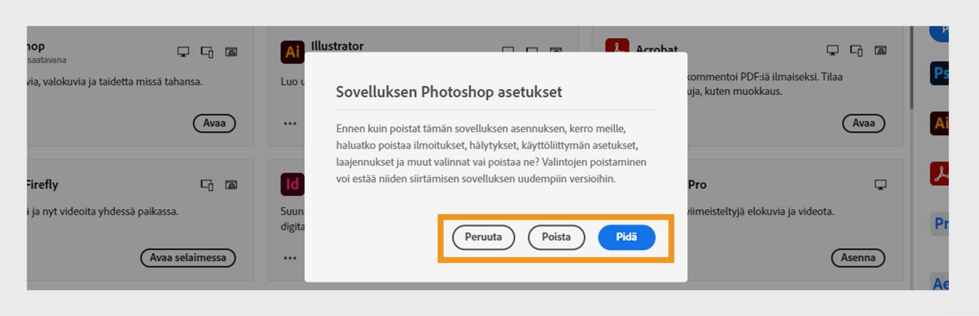 Asetukset-valintaikkuna, jossa kysytään, haluatko pitää vai poistaa ilmoitukset, hälytykset, laajennukset ja muut asetukset. Voit myös peruuttaa asennuksen poistoprosessin. 