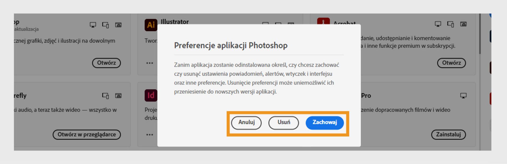 Okno dialogowe Preferencje z pytaniem, czy chcesz zachować, czy też usunąć powiadomienia, alerty, wtyczki i inne preferencje. Proces odinstalowania można anulować. 
