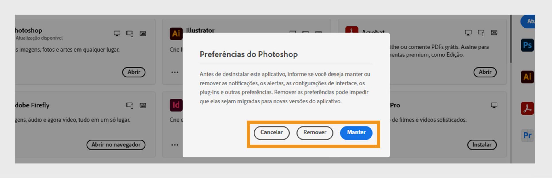 A caixa de diálogo de preferências pergunta se você deseja manter ou remover notificações, alertas, plug-ins e outras preferências. Você também pode cancelar o processo de desinstalação. 