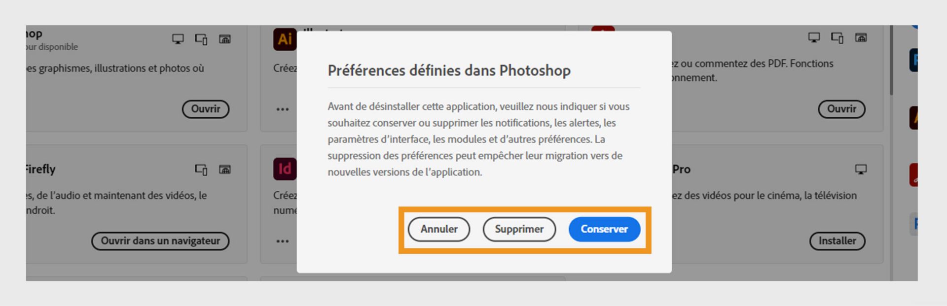 La fenêtre des préférences demande si vous souhaitez conserver ou supprimer les notifications, alertes, plugins et autres préférences. Vous pouvez également annuler le processus de désinstallation. 