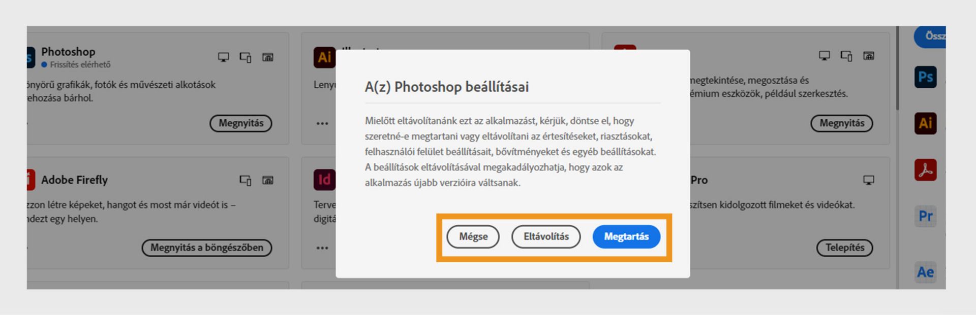 A beállítások ablakban megjelenik a kérdés, hogy szeretné-e megtartani vagy eltávolítani az értesítéseket, figyelmeztetéseket, beépülő modulokat és egyéb beállításokat. Az eltávolítási folyamatot is megszakíthatja. 