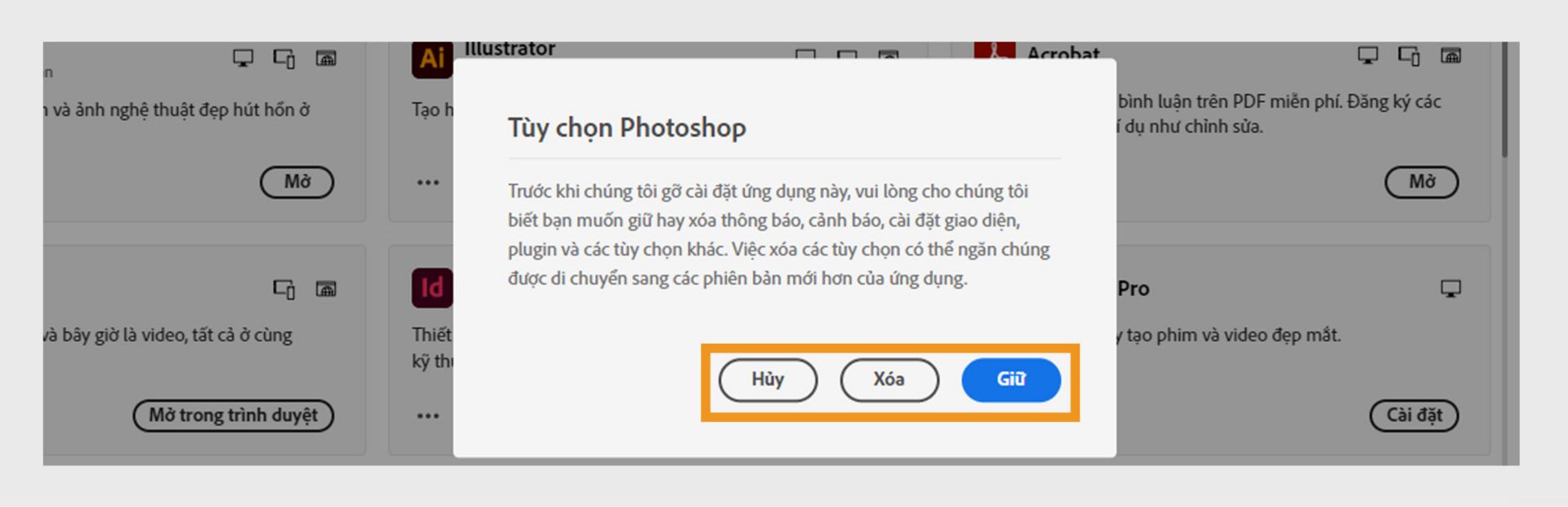 Cửa sổ lựa chọn ưu tiên hỏi bạn muốn giữ hay xóa thông báo, cảnh báo, phần bổ trợ và các lựa chọn ưu tiên khác. Bạn cũng có thể hủy quá trình gỡ cài đặt. 