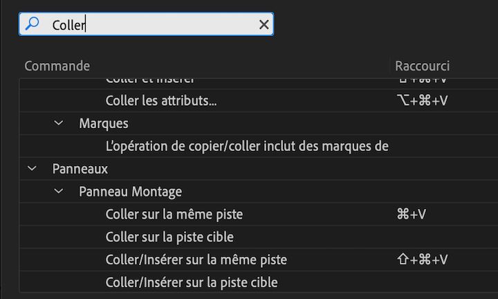 Raccourcis clavier pour le copier/coller