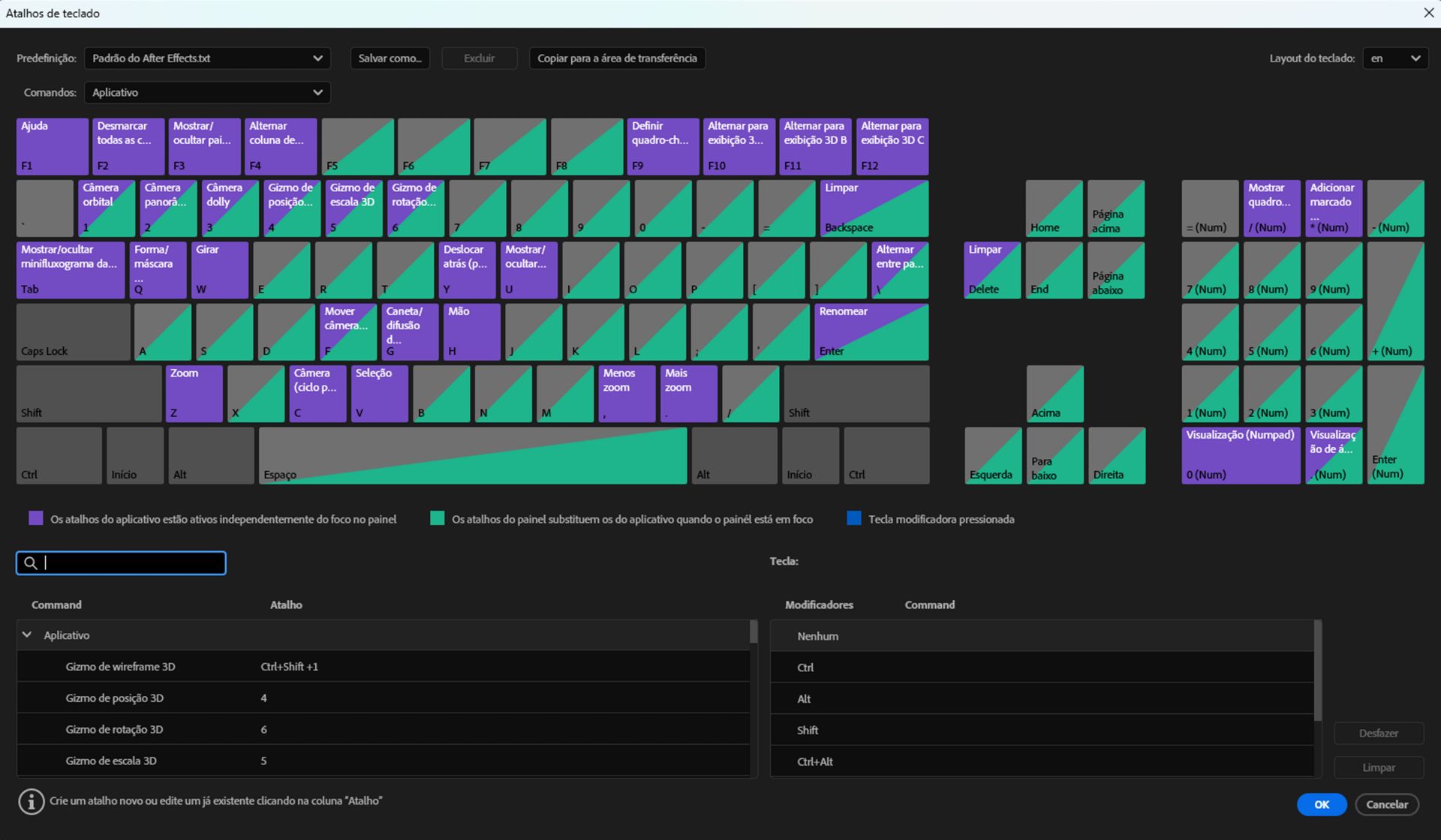 Um layout visual dos atalhos do teclado é exibido, com vários atalhos coloridos no editor visual dos atalhos de teclado.