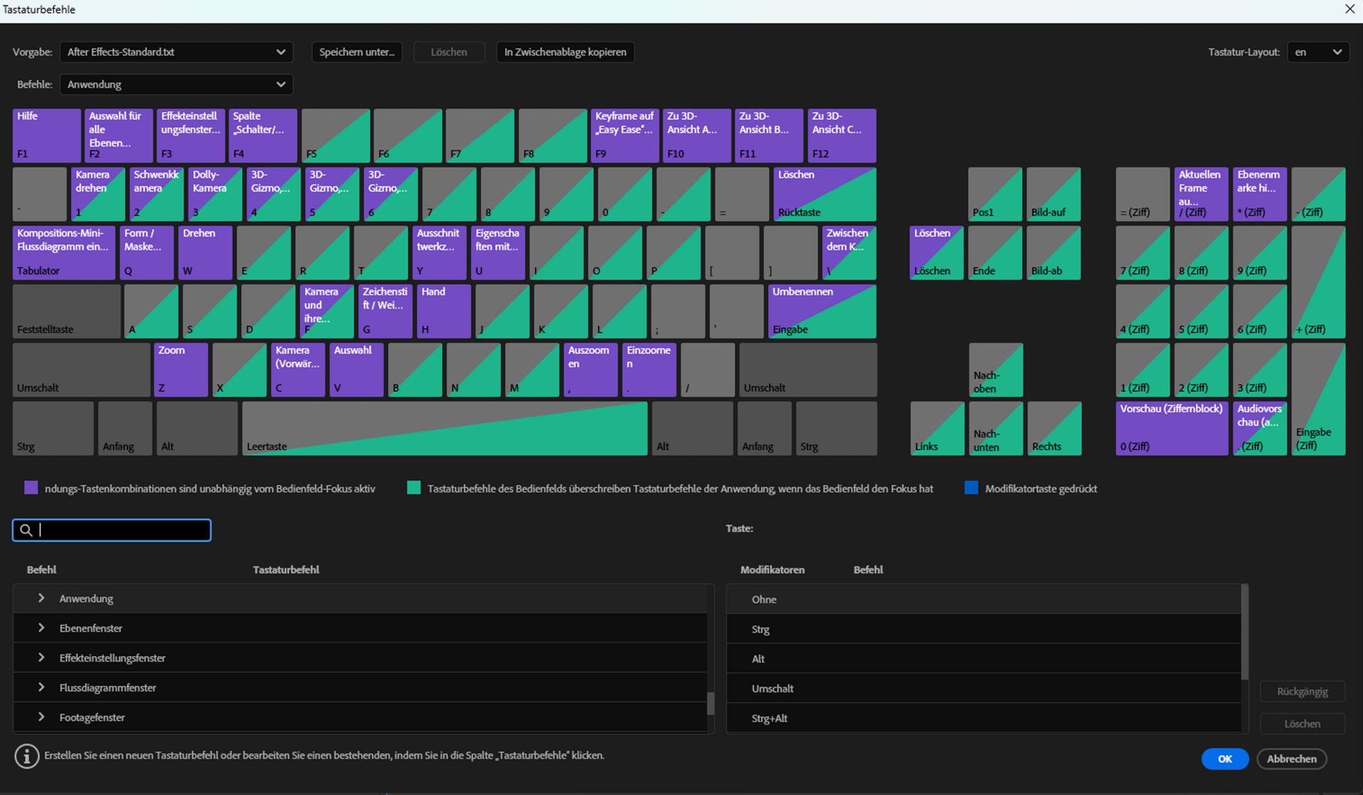 Ein visuelles Layout der Tastaturbefehle wird angezeigt, mit verschiedenen farbigen Tastaturbefehlen im visuellen Editor für Tastaturbefehle.