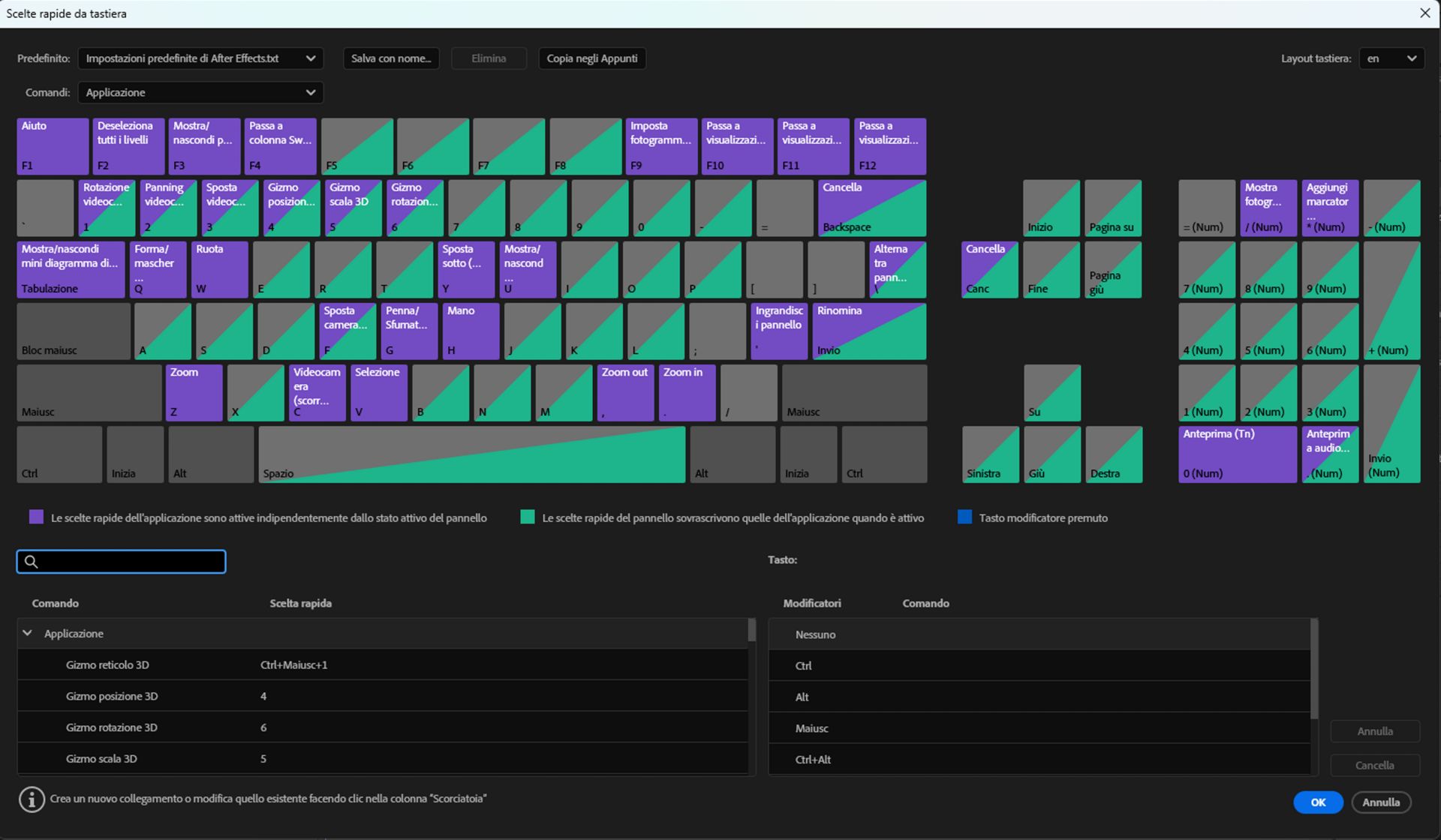 Viene visualizzato un layout visivo delle scelte rapide da tastiera, con le varie scelte rapide contrassegnate da colori diversi nell’editor visivo delle scelte rapide da tastiera.