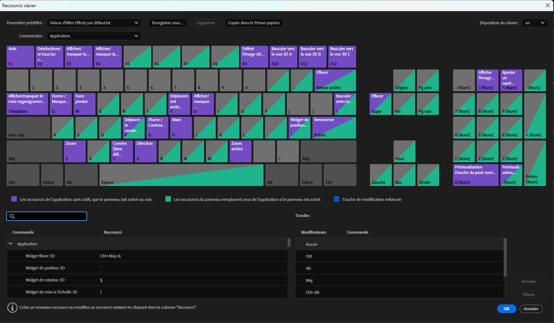 Un emplacement visuel des raccourcis clavier s’affiche, avec différents raccourcis colorimétriques dans l’éditeur de raccourcis clavier visuel.