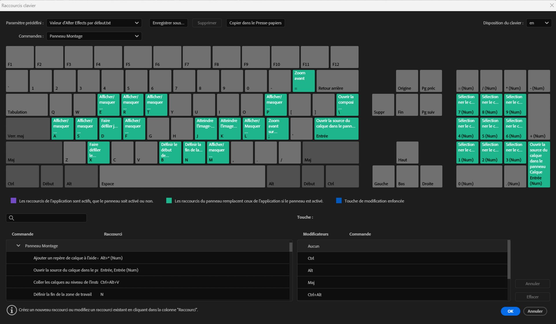 Une représentation visuelle du clavier matériel s’affiche, indiquant quelles touches ont des raccourcis attribués et lesquelles sont disponibles.