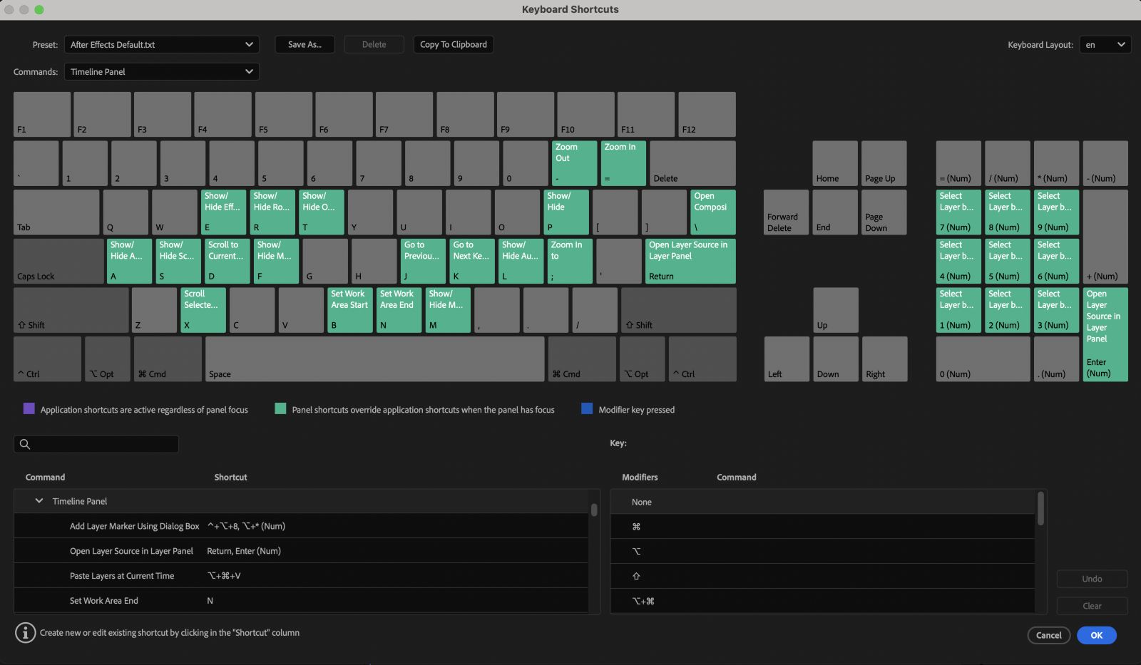 Panel-specific shortcuts displayed in Adobe After Effects