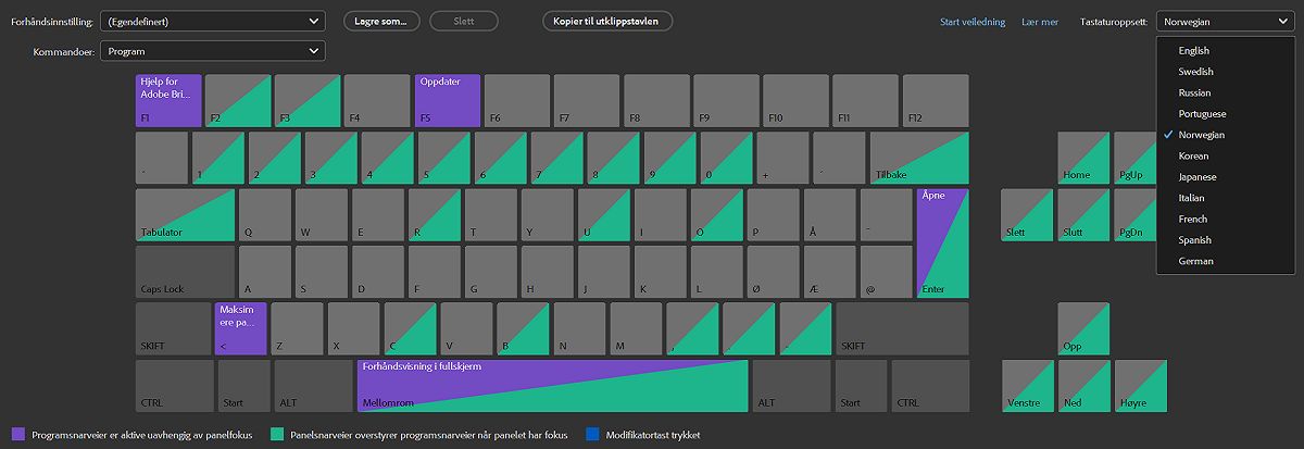 Utforsk forskjellige tastaturoppsett som er tilgjengelige i Adobe Bridge.
