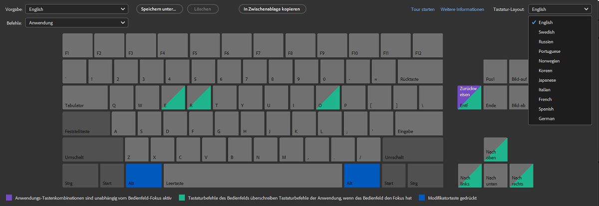 Entdecke die verschiedenen Tastatur-Layouts in Adobe Bridge.
