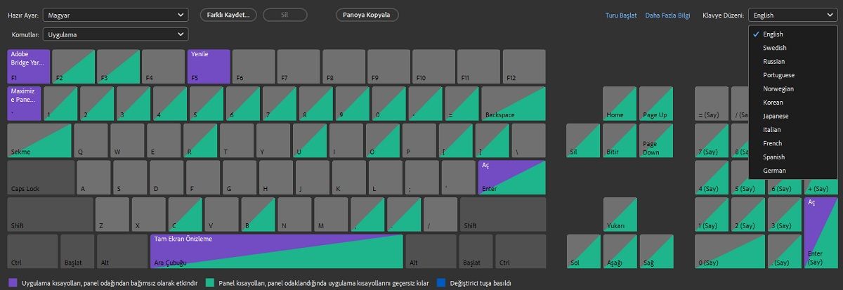 Adobe Bridge'de bulunan farklı klavye düzenlerini keşfedin.