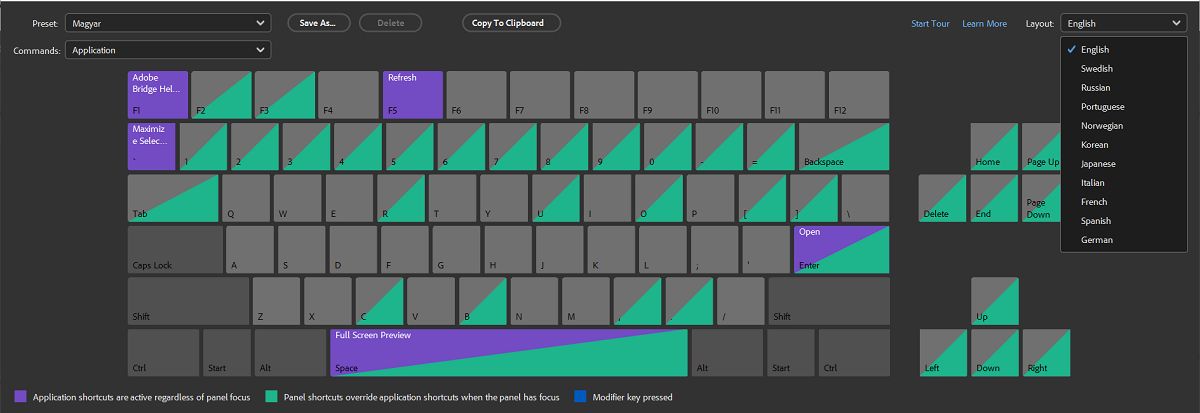 Explore different keyboard layouts available in Adobe Bridge.