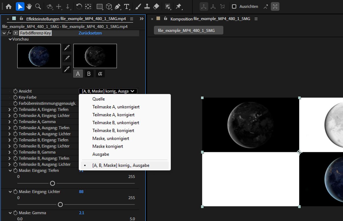 Im Bedienfeld „Effekteinstellungen“ sind die Steuerelemente des Effekts „Farbdifferenz-Key“ geöffnet.Das Dropdown-Menü „Ansicht“ ist geöffnet und „[A, B, Maske] korrig., Ausgabe“ ist im Menü „Ansicht“ ausgewählt