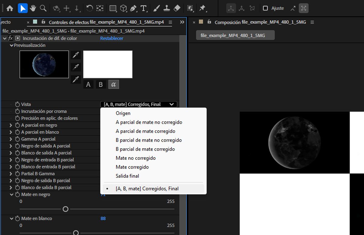 En el panel Controles de efectos, los controles del efecto Incrustación de diferencia de color están abiertos.El menú desplegable de vista está abierto y [A, B, Mate] corregido, final está seleccionado en el menú Vista