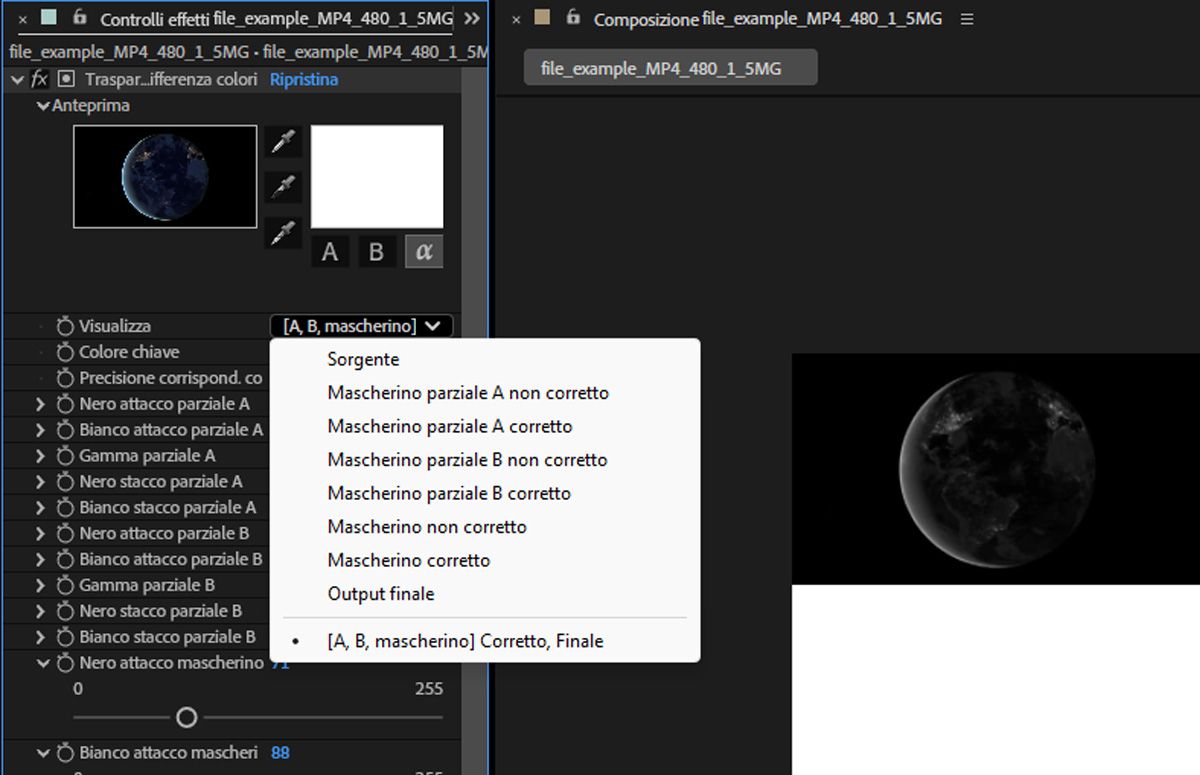 Nel pannello Controlli effetti, i controlli dell'effetto Trasparenza differenza colore sono aperti.Il menu a discesa Visualizza è aperto e [A, B, Mascherino] Corretto, Finale è selezionato nel menu Visualizza