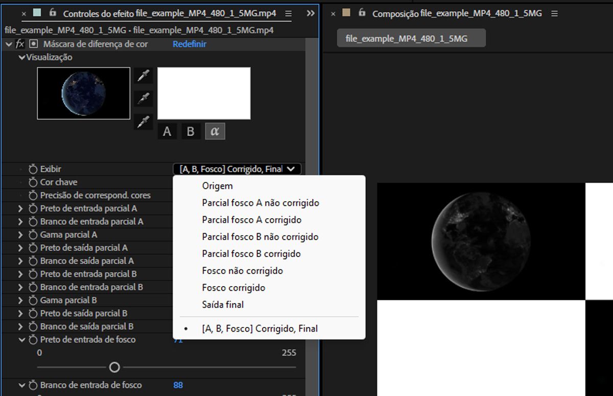 No painel “Controles do efeito”, os controles do efeito “Chave de diferença de cor” estão abertos. O menu suspenso de visualização está aberto, com a opção “[A, B, Fosco] corrigidos, finais” selecionada no menu “Visualizar” 
