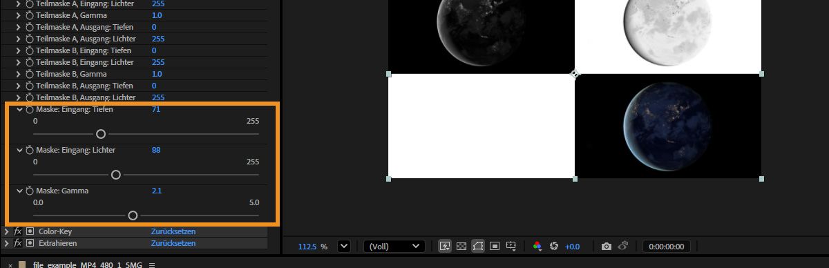 Das Bedienfeld „Effekteinstellungen“ ist geöffnet und die Eigenschaften „Maske: Eingang: Tiefen“, „Maske: Eingang: Lichter“ und „Maske: Gamma“ sind erweitert. Jede Eigenschaft verfügt über einen Schieberegler, mit dem du die jeweilige Einstellung anpassen kannst.